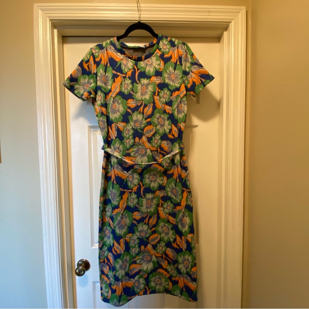 ZARA Floral Jacquard Knit Dress – Short Sleeve Belted Midi, Size L